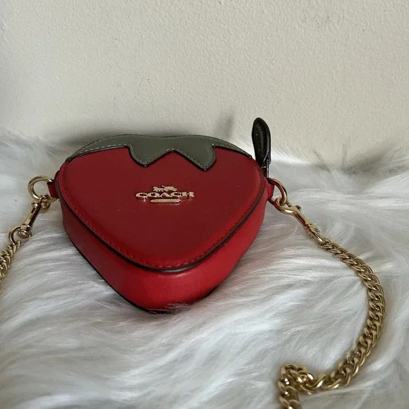 Coach Strawberry Coin Purse Crossbody Bag Red Leather Gold Chain Novelty Mini - Picture 6 of 9